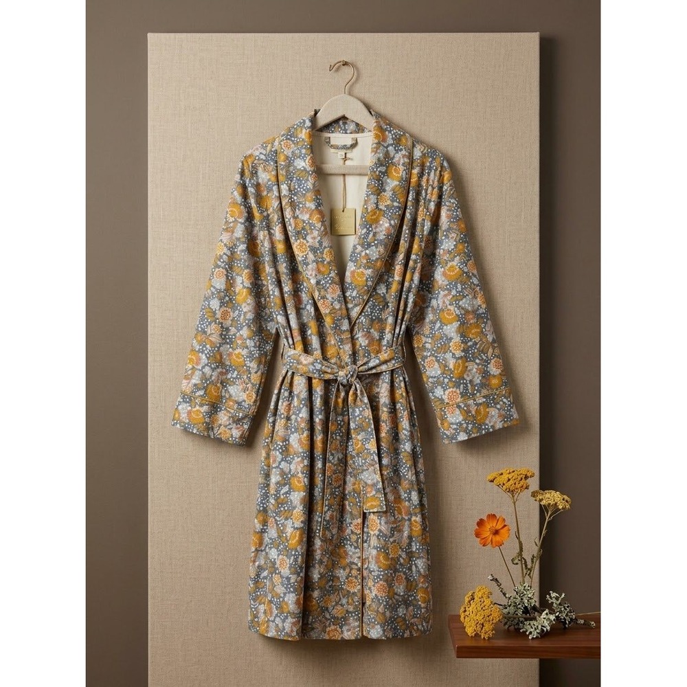 World Market Women Blue Mustard Floral Robe Gold Piping One Size NWT Loungewear